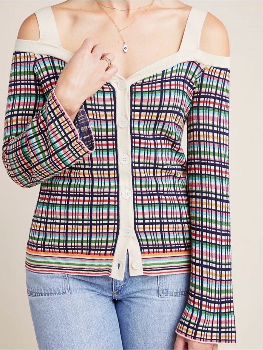 Anthropologie Colorful Off the Shoulder Cardigan
